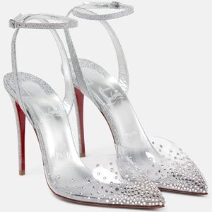 Christian Louboutin Silver Glitter Ankle-Strap Pointed Toe Pumps with Red Soles
